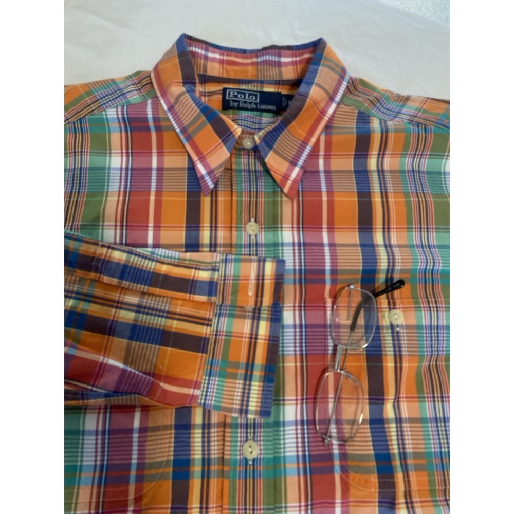 Men's Polo Ralph Lauren Dual Pocket Orange Plaid Long Sleeve Shirt-Size XL
